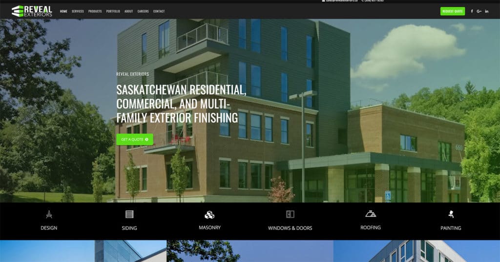 Screenshot of Reveal Exteriors website designed in Saskatoon by Becker Design