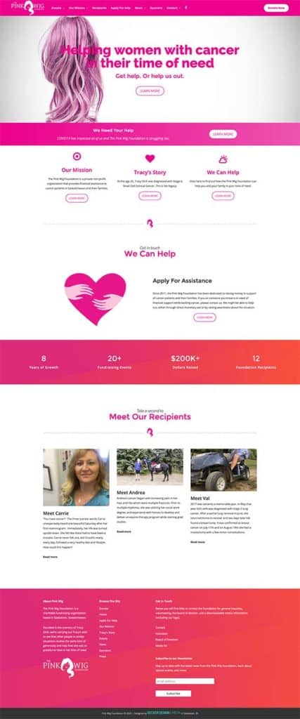 Screenshot of Pink Wig Foundation website designed in Saskatoon by Becker Design