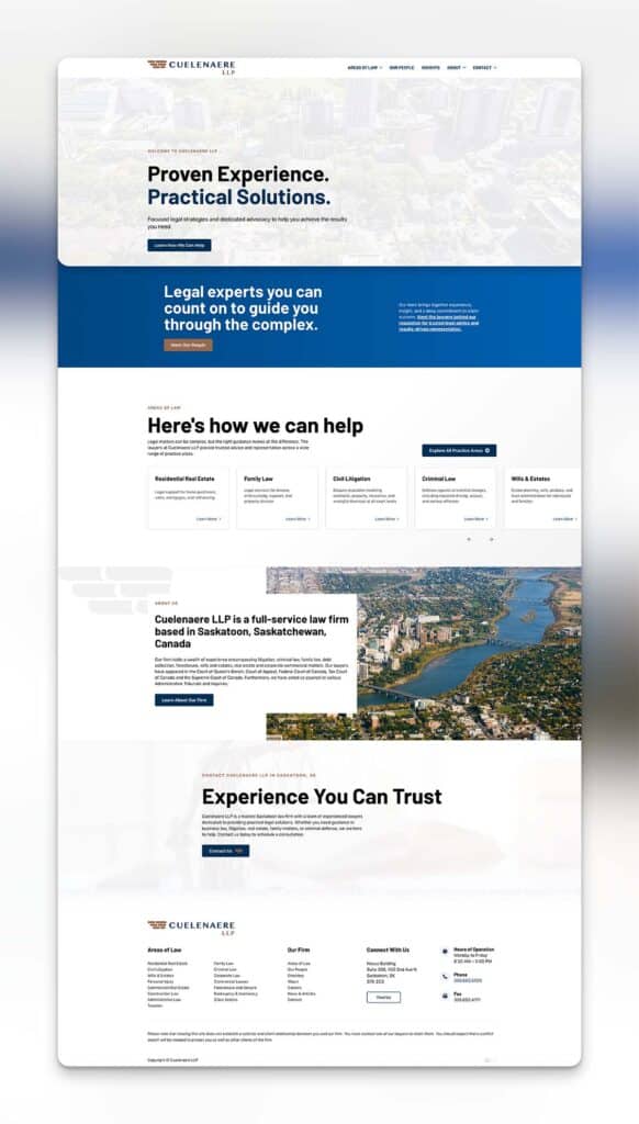 Device displaying the web design for Cuelenaere LLP