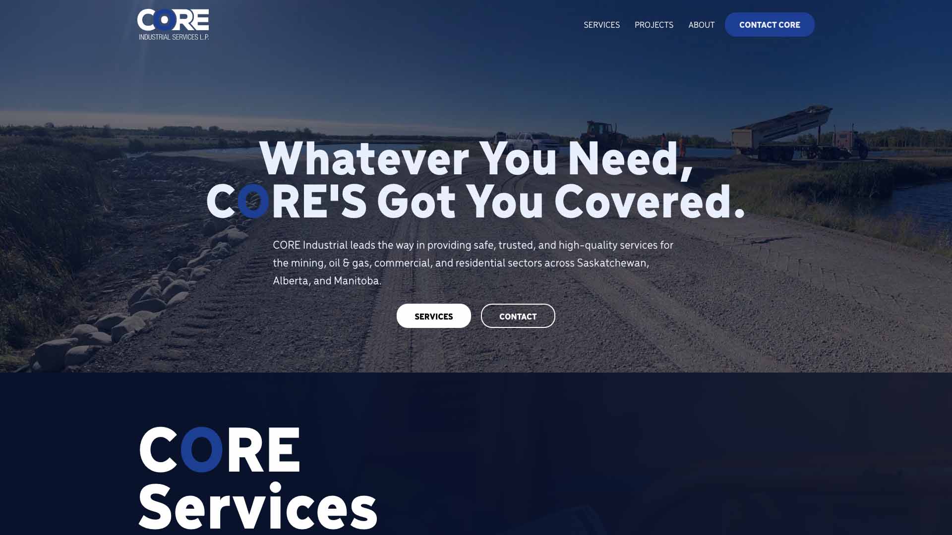 Screenshot of full height web design for CORE Industrial
