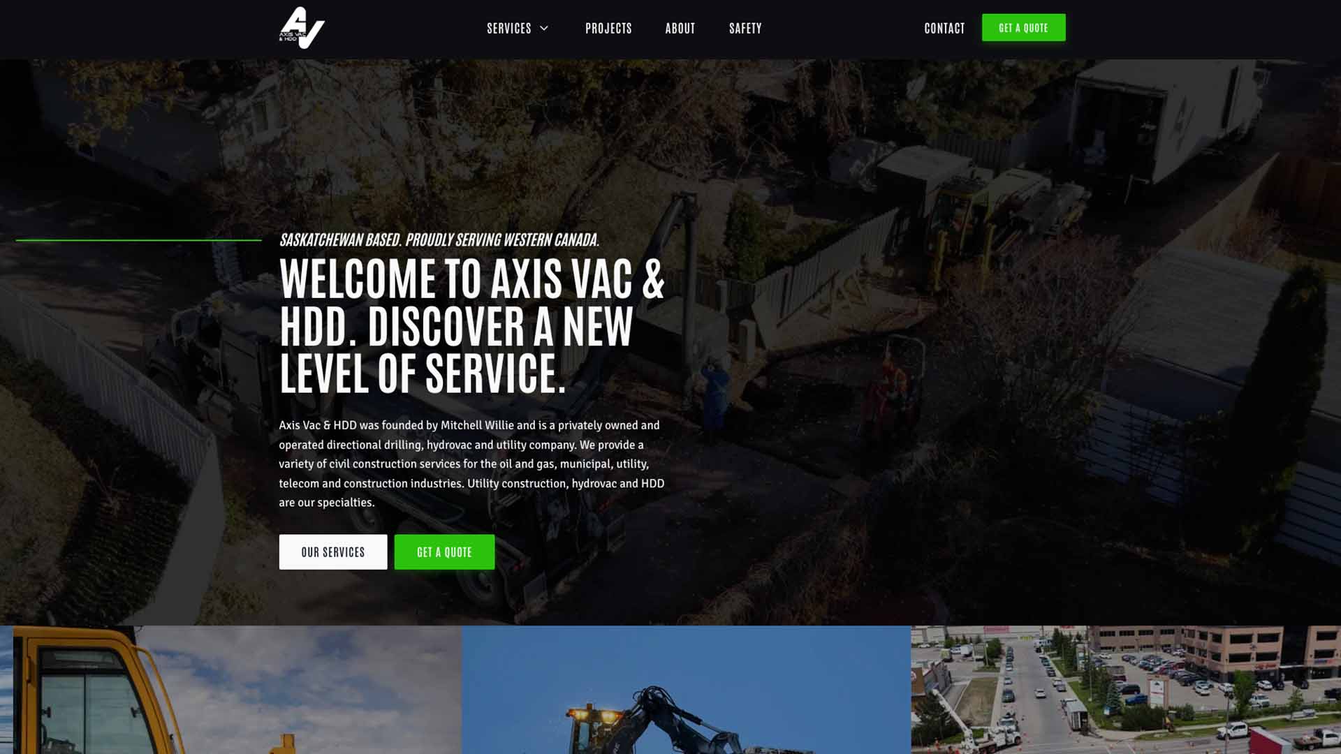 Screenshot of full height web design for Axis Vac & HDD