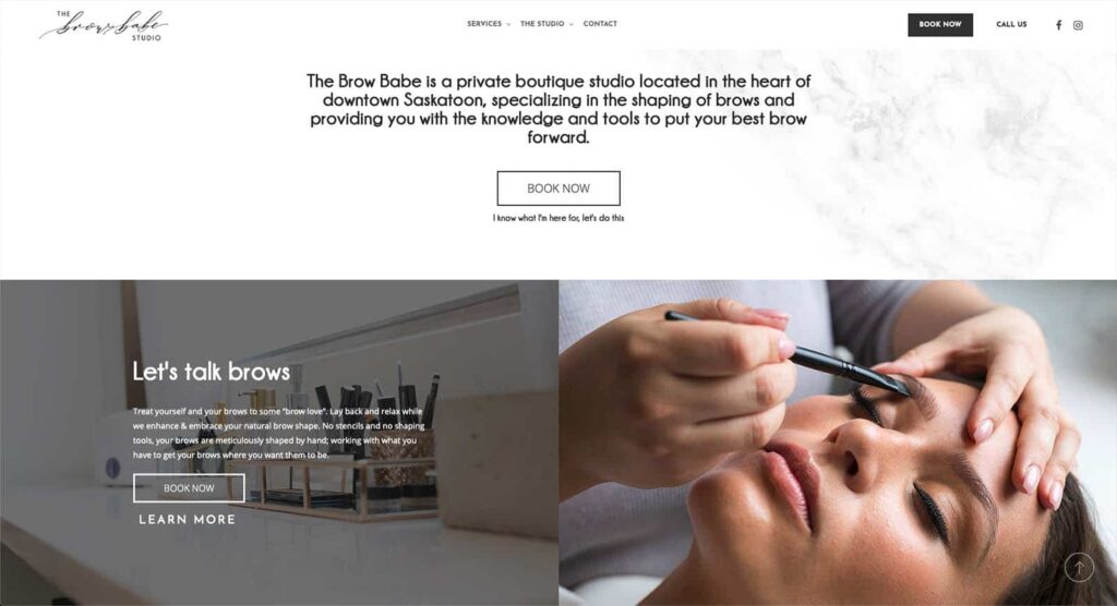 Device displaying the web design for Brow Babe Studio