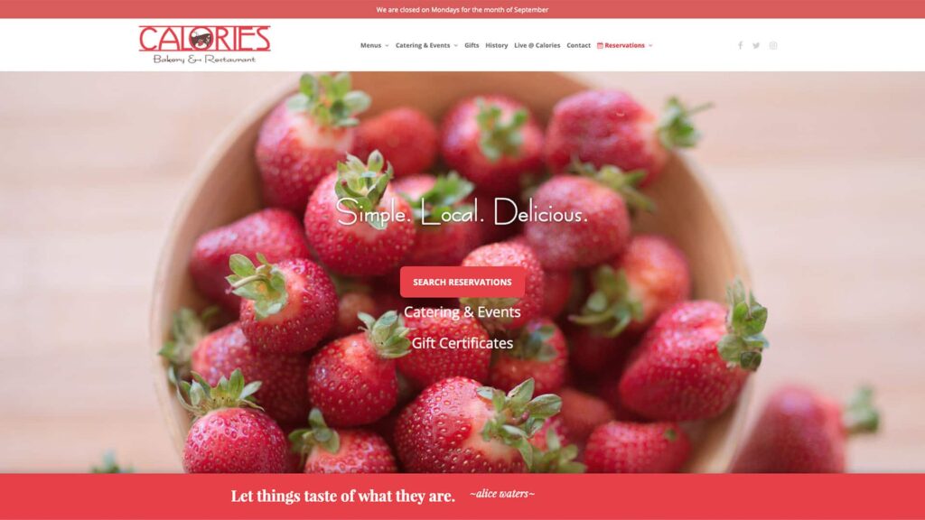 Device displaying web design for Calories Restaurant