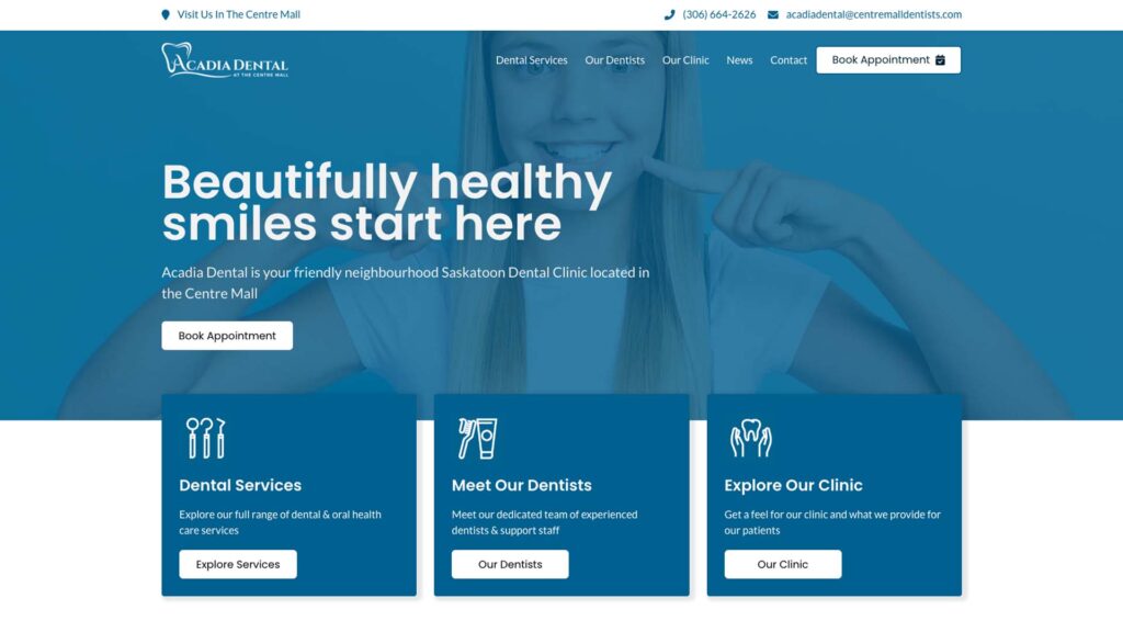 Device displaying the web design for Acadia Dental Clinic