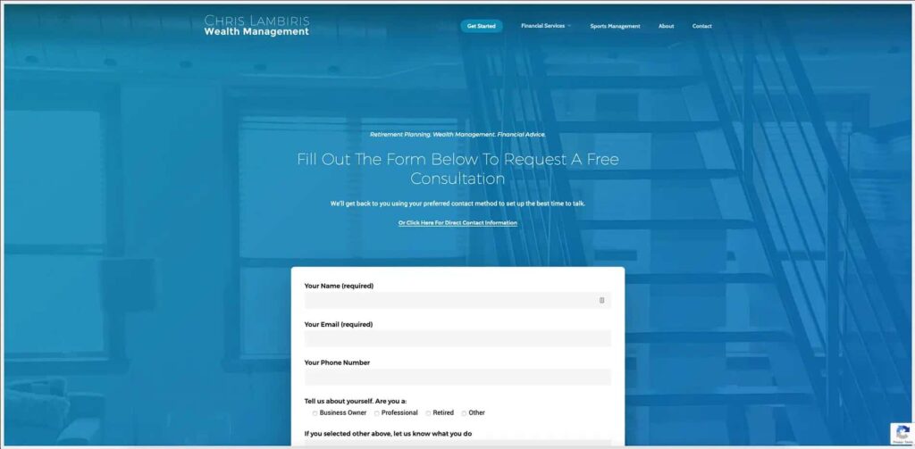 Device displaying web design for Chris Lambiris, Financial Advisor