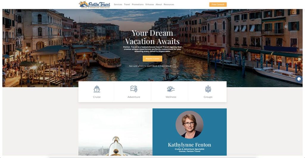 Device displaying web design for Fenton Travel