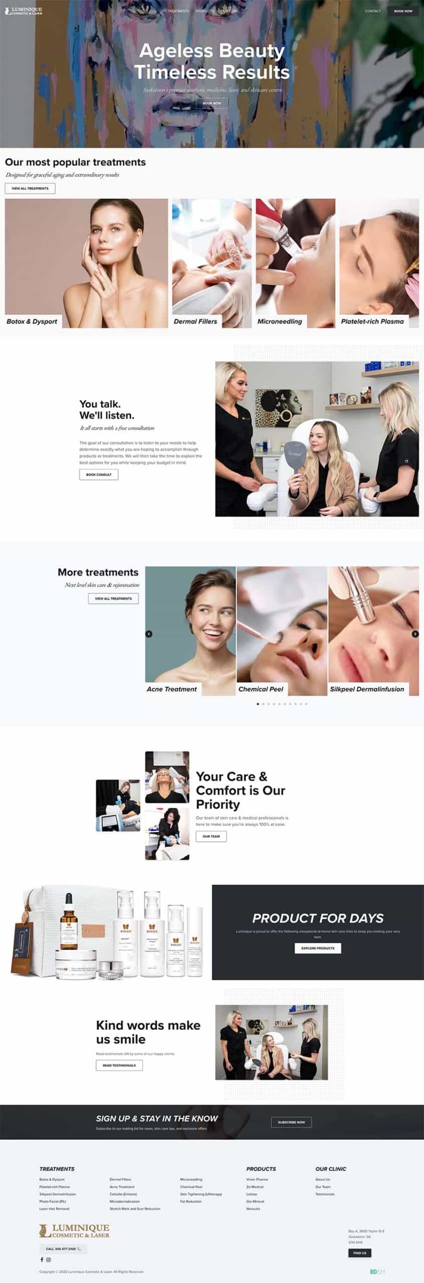 Screenshot of full height web design for Luminique Cosmetic & Laser