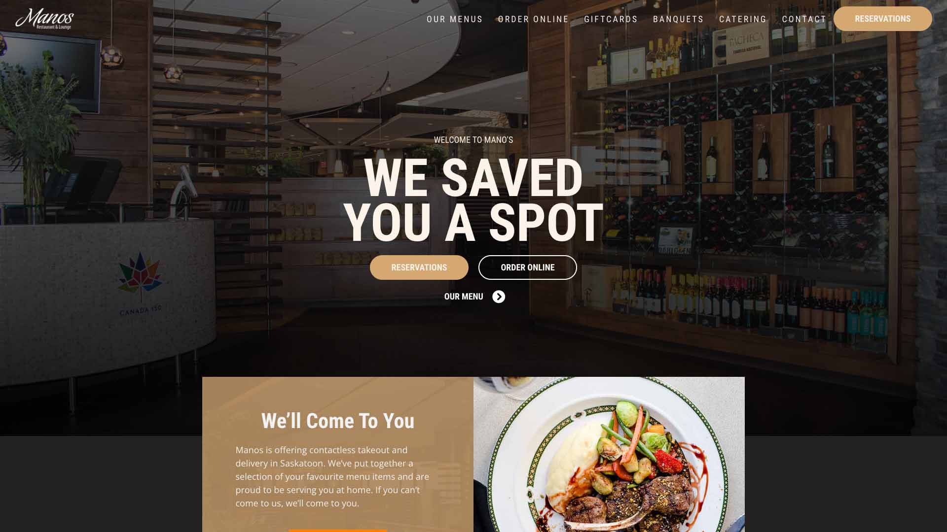 Screenshot of full height web design for Mano’s Restaurant