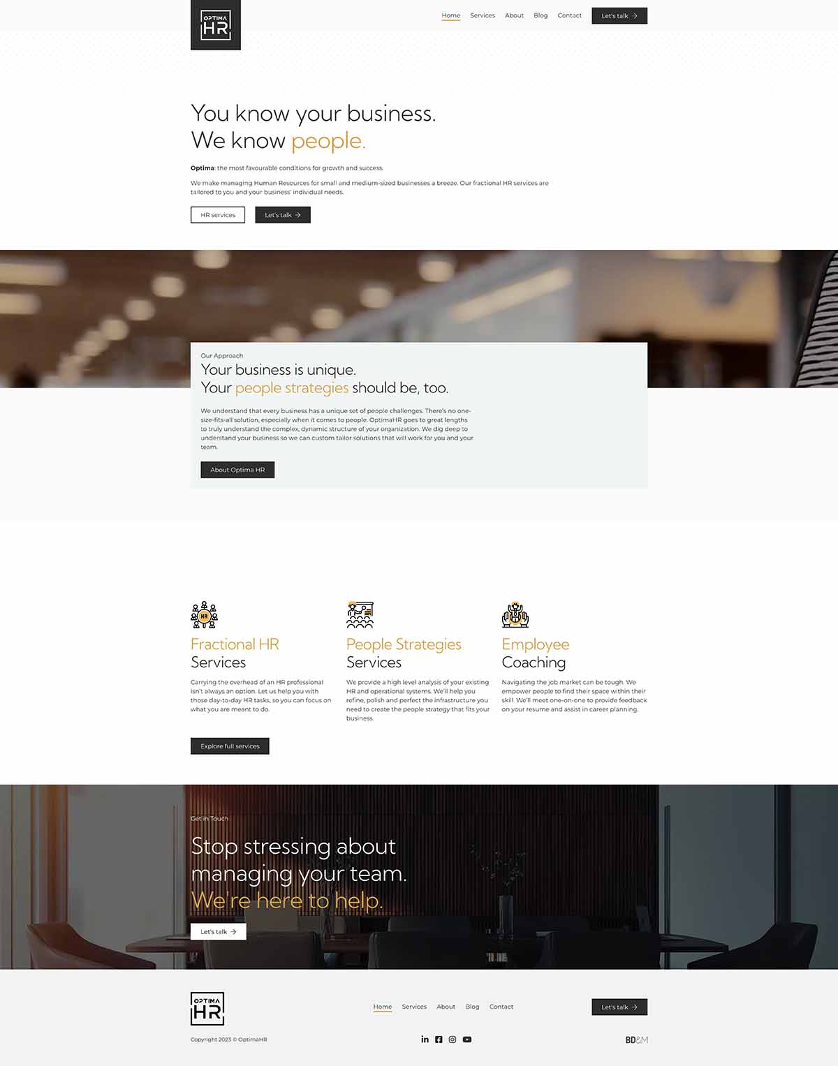 Screenshot of full height web design for OptimaHR