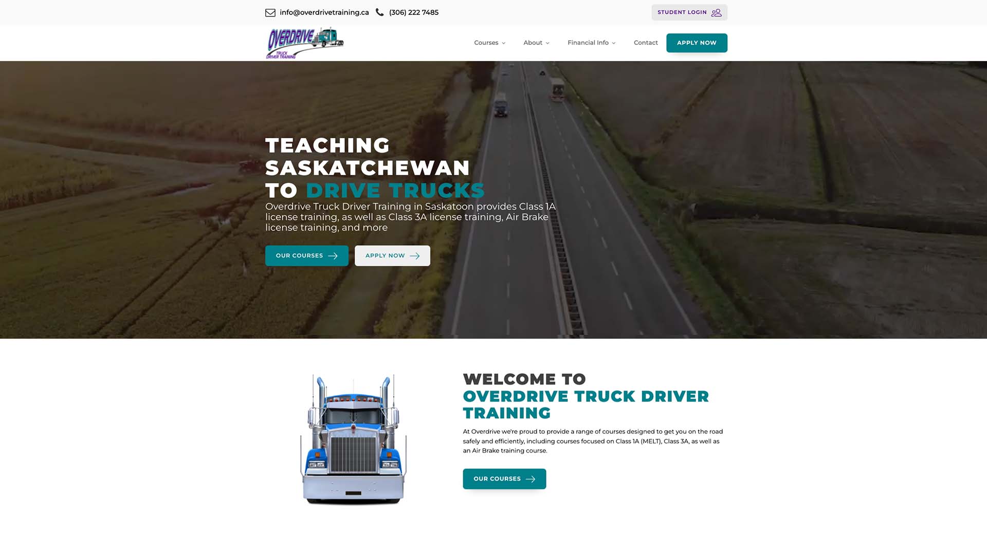 Device displaying the web design for Overdrive Truck Driver Training