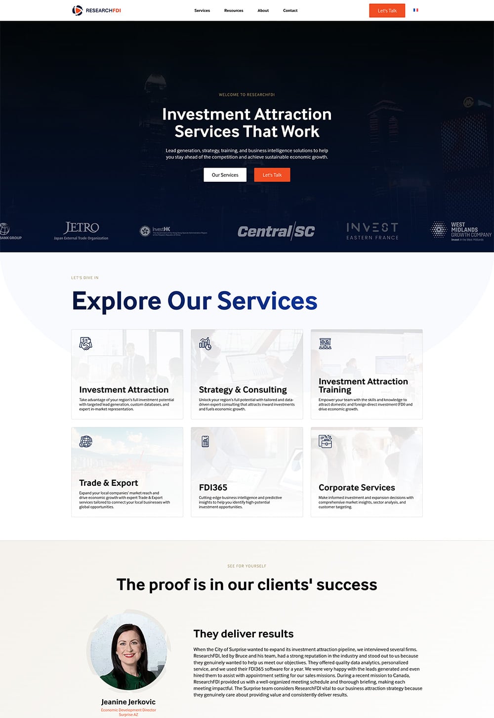 Screenshot of full height web design for ResearchFDI