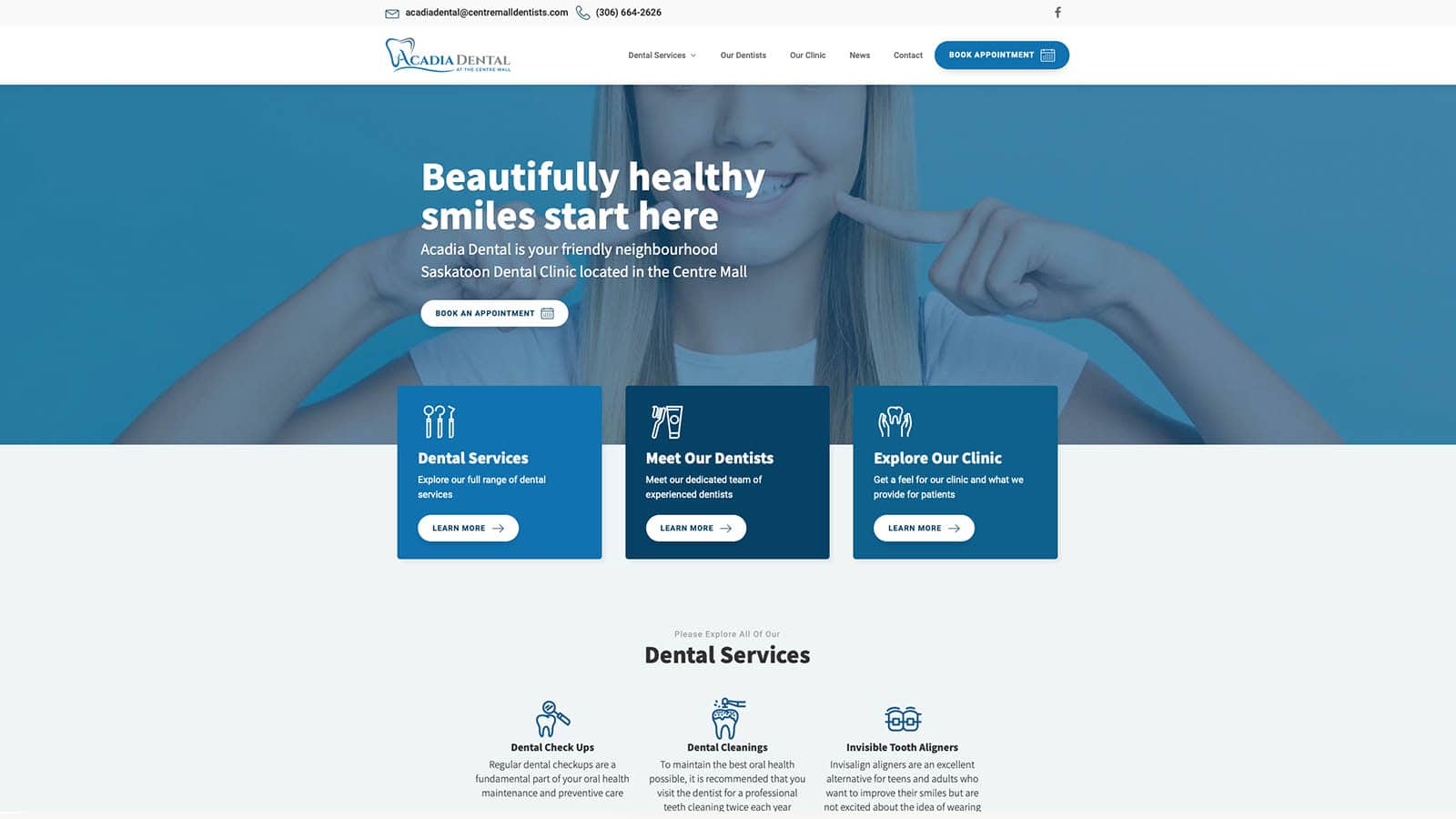 Screenshot of full height web design for Acadia Dental Clinic