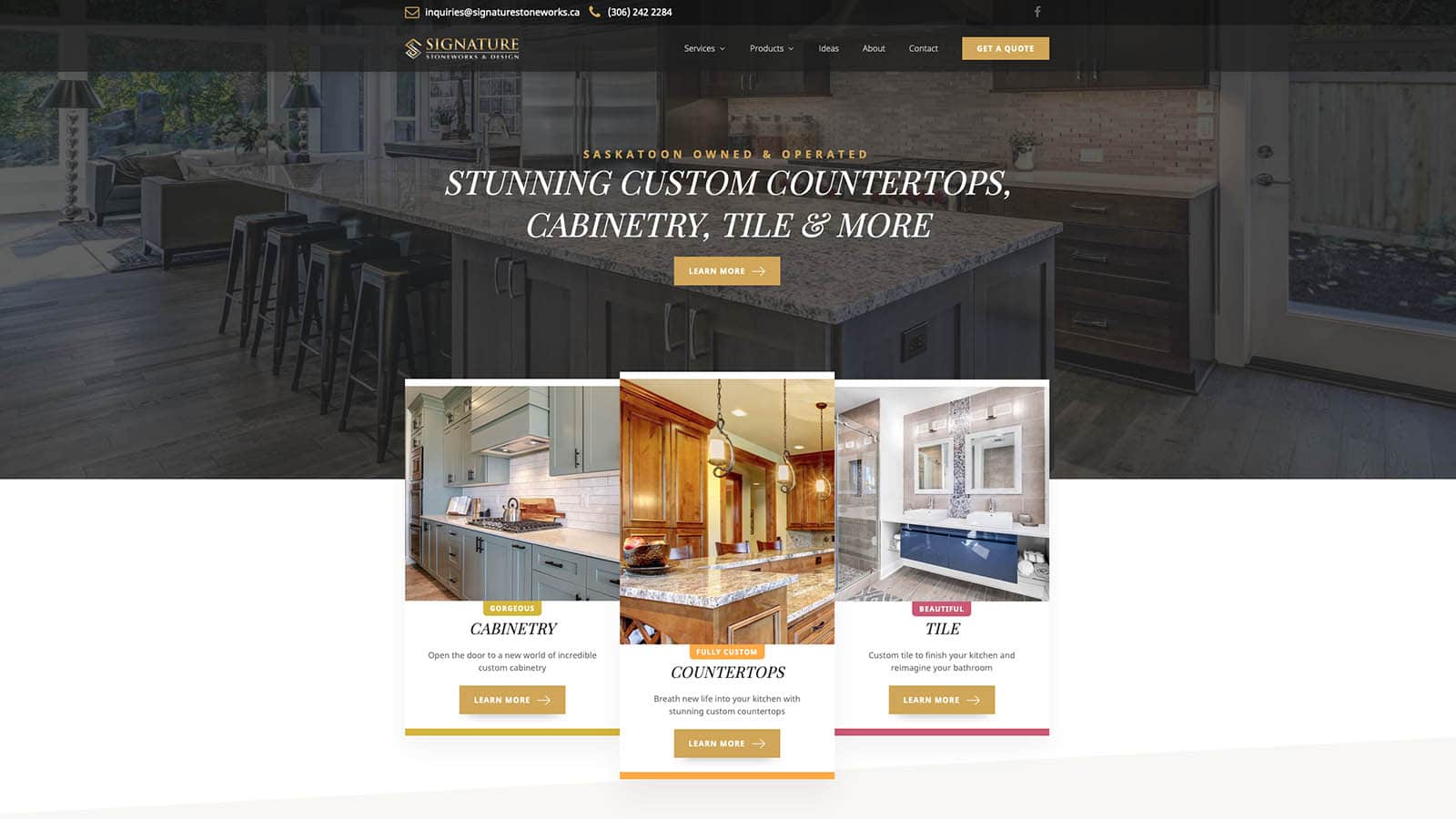 Screenshot of full height web design for Signature Stoneworks