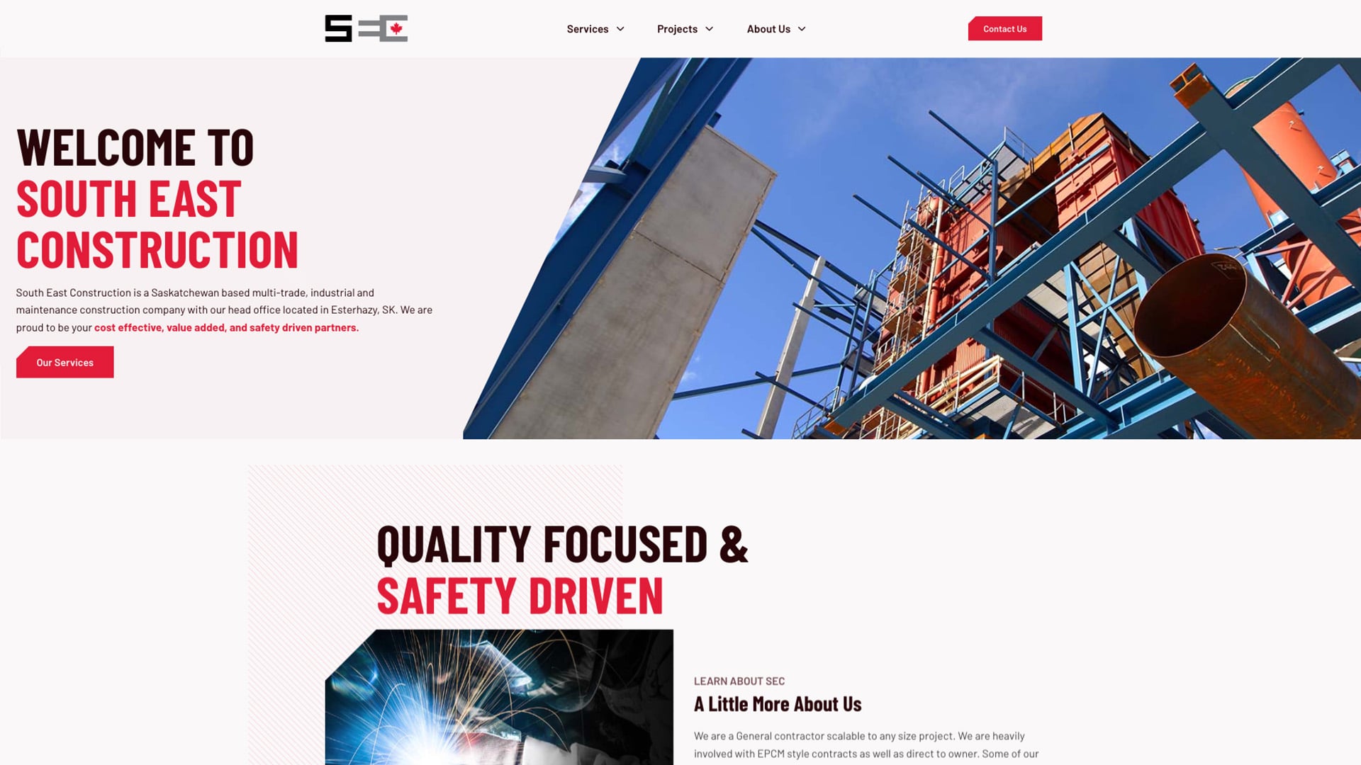 Screenshot of full height web design for South East Construction