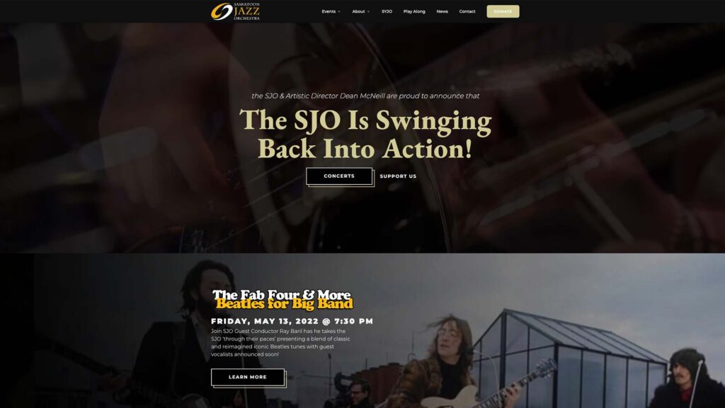 Device displaying web design for Saskatoon Jazz Orchestra