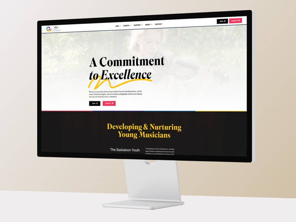 Device displaying the web design for Saskatoon Youth Orchestra