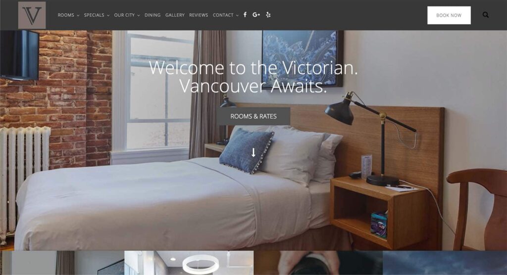 Device displaying web design for Victorian Hotel Vancouver