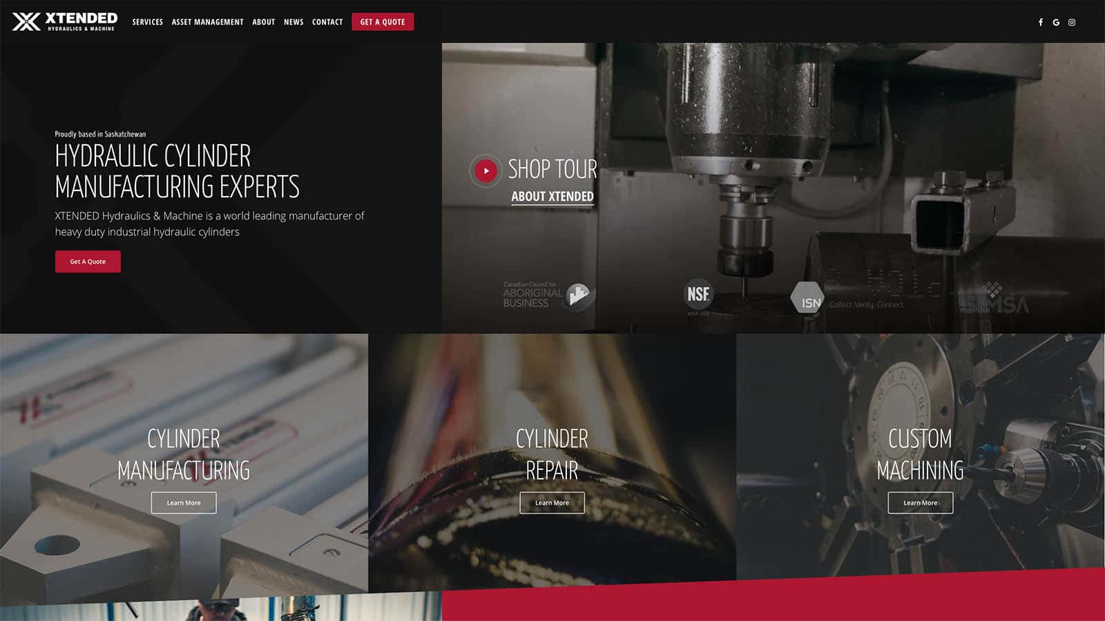 Screenshot of full height web design for XTENDED Hydraulics & Machine