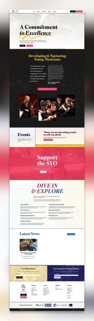 Device displaying the web design for Saskatoon Youth Orchestra