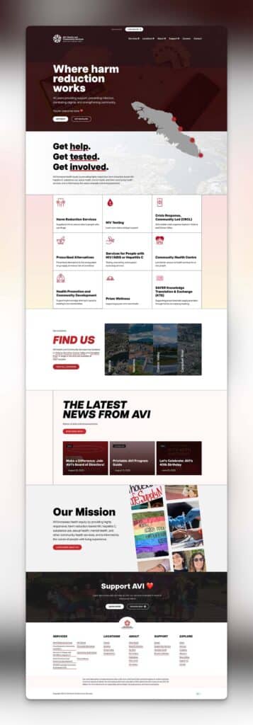 Device displaying the web design for AVI Health & Community Services