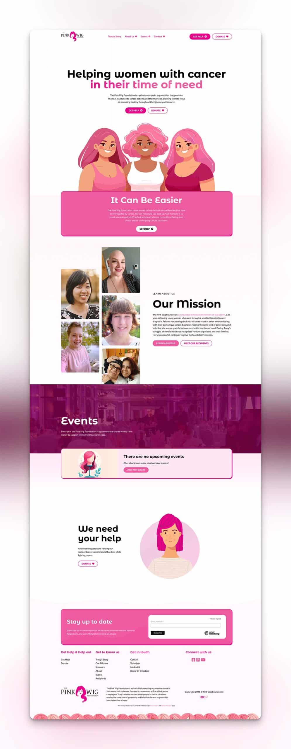 Screenshot of full height web design for Pink Wig Foundation