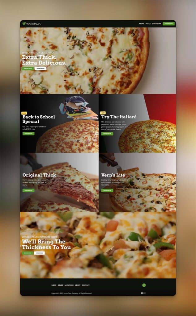 Device displaying the web design for Vern’s Pizza