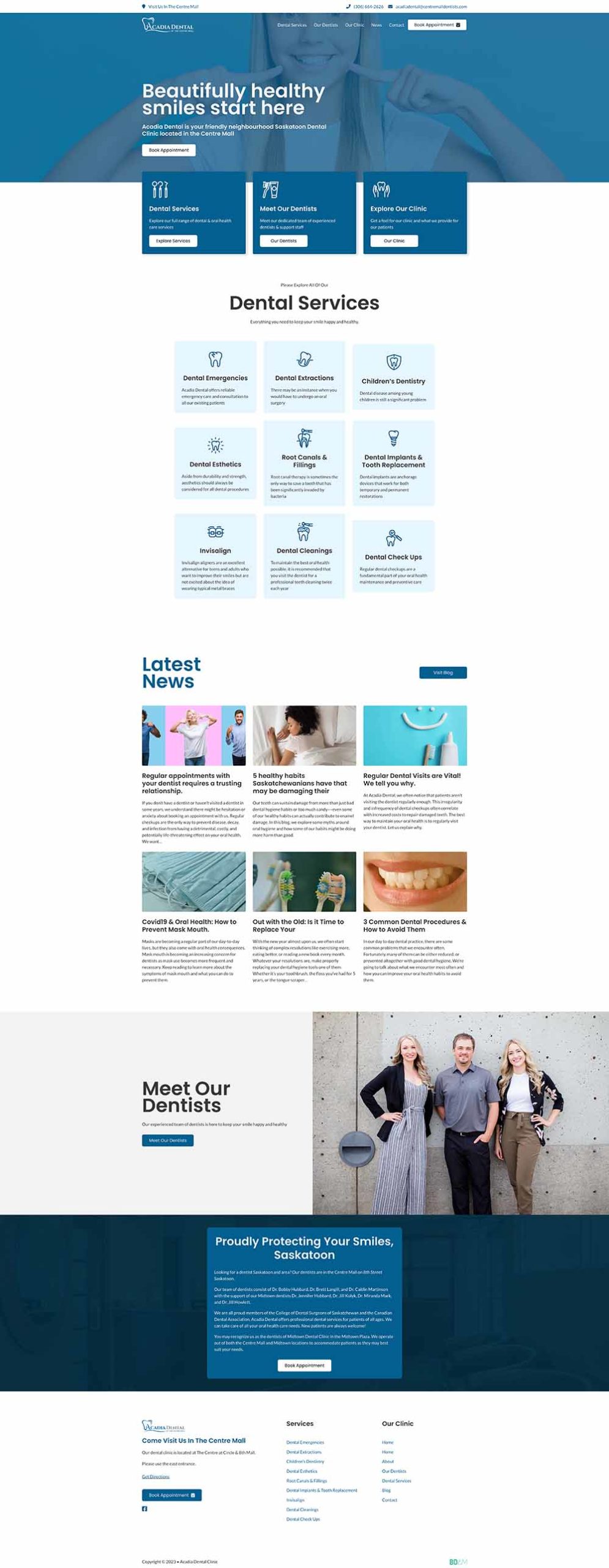 Full-page capture of the Acadia Dental Clinic website