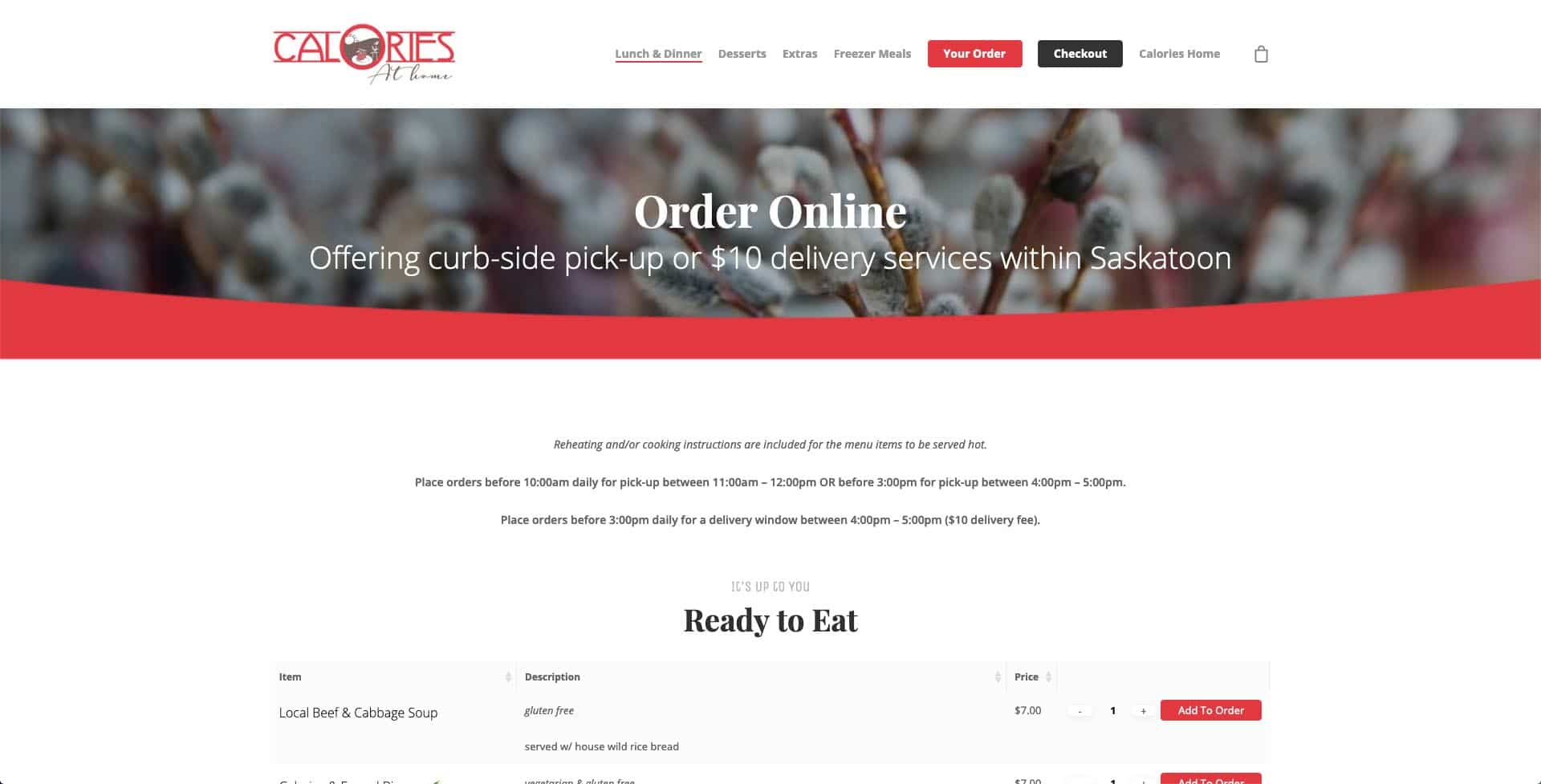 Full-page capture of the Calories Online Ordering website