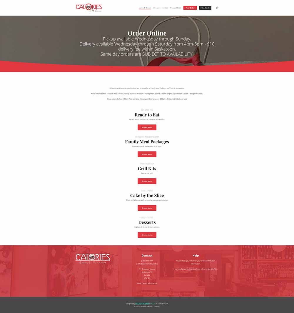 Full-page capture of the Calories Online Ordering website