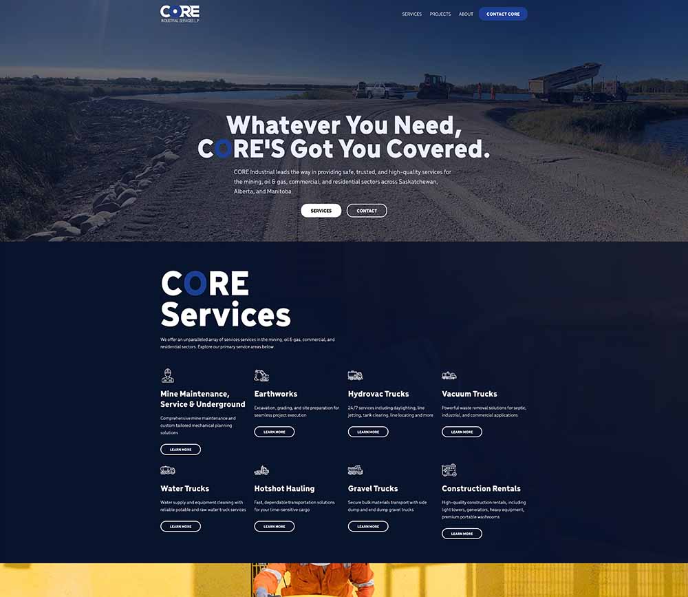 Full-page capture of the CORE Industrial website