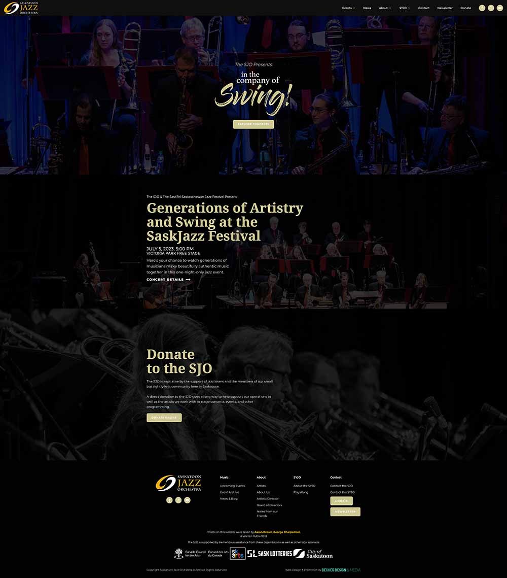 Full-page capture of the Saskatoon Jazz Orchestra website