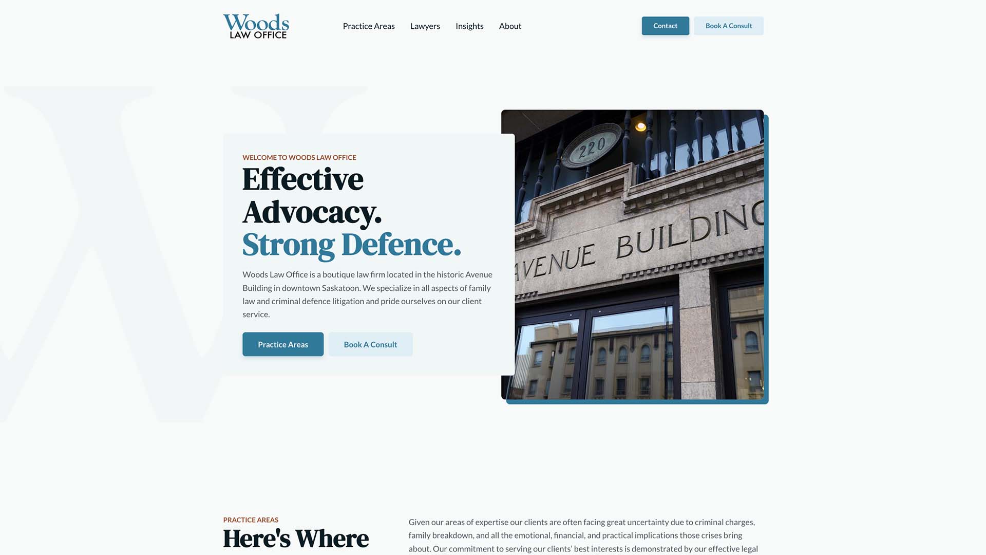 Full-page capture of the Woods Law Office website